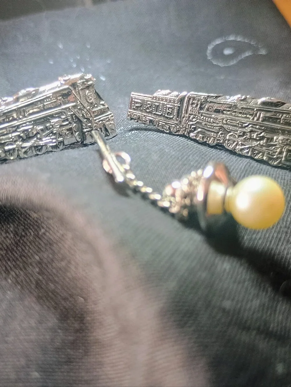 Vintage Train Cufflinks And Pearl Tie Tac